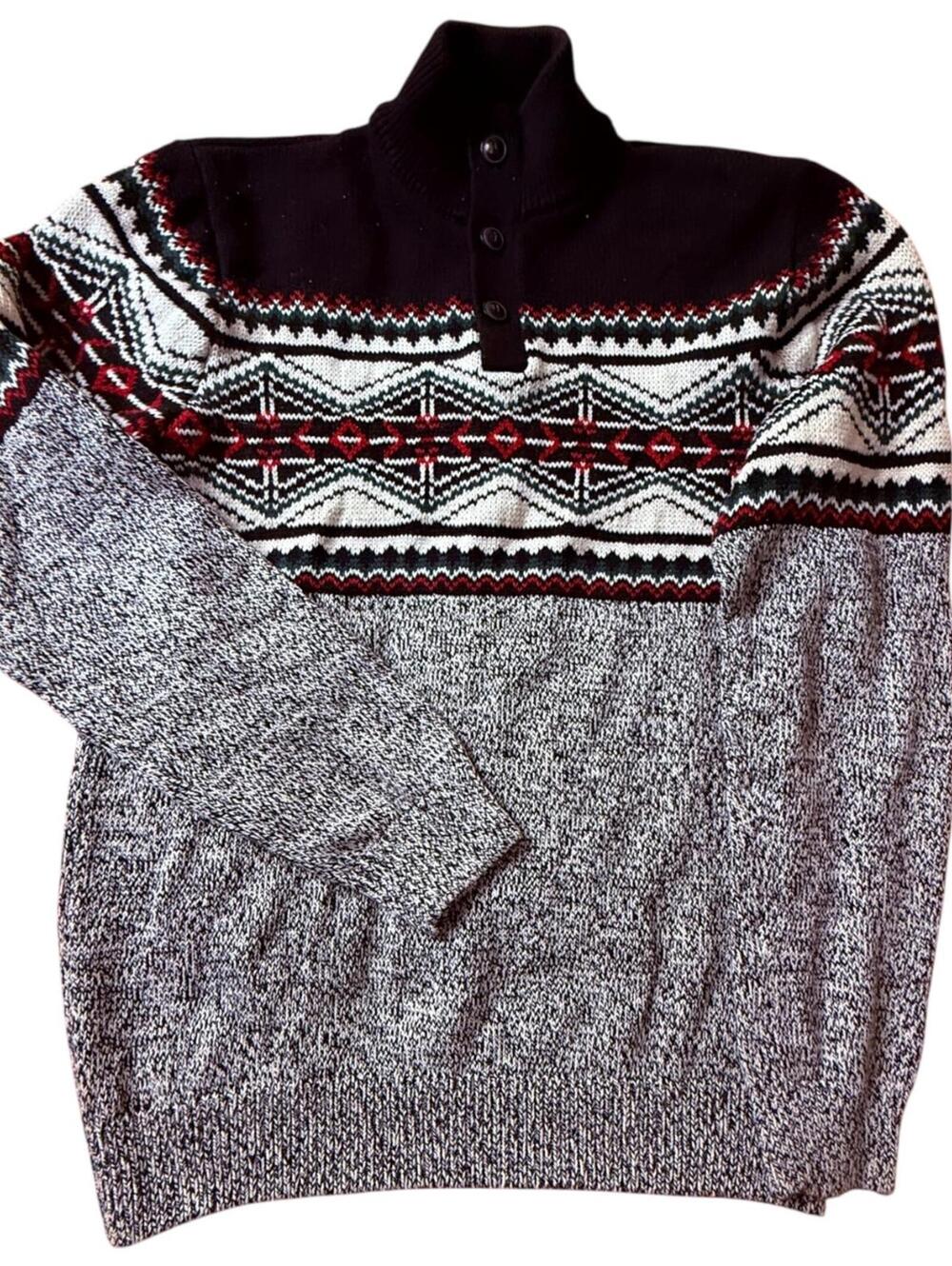 Chaps Fair Isle Quarter Button Knit Sweater Black Red Gray Cotton M